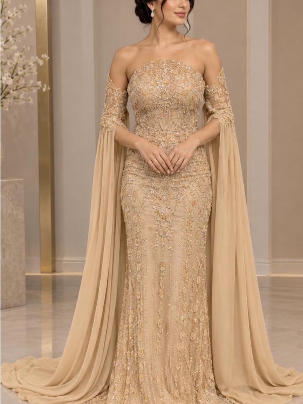 Elegant Strapless Embellished Evening Gown in Champagne